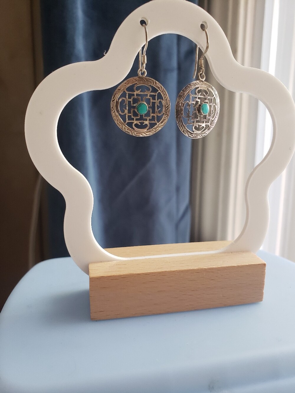 Silver Filigree Drop Earrings with Turquoise Accent